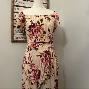 BAND OF GYPSIES Maxi Dress Off The Shoulder Floral High-Low Ivory/Pink Viscose